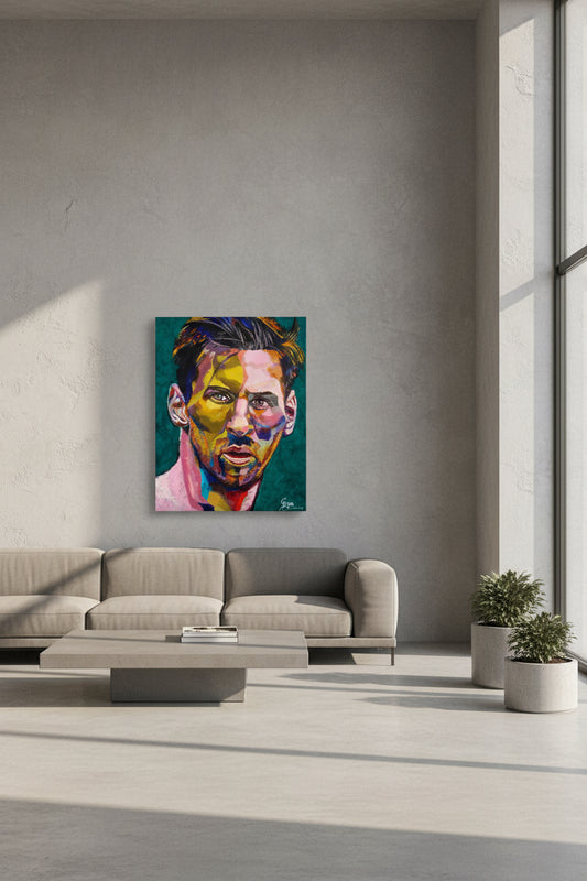 A colorful, expressive portrait painting of a man's face with dark hair, rendered in bold strokes of yellow, pink, blue, red, and green against a dark teal background. A signature reading 'Giga' appears in the lower right corner.