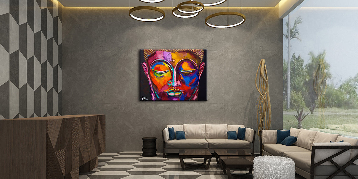 Modern living room with a colorful abstract painting on the wall.